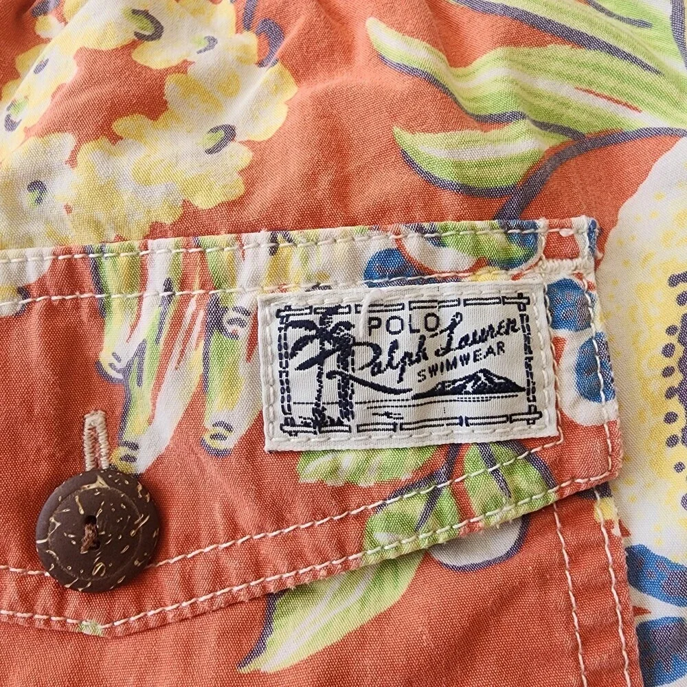 Polo Ralph Lauren Shorts Mens Large Orange Hawaiian Swim Trunks Lined Drawstring